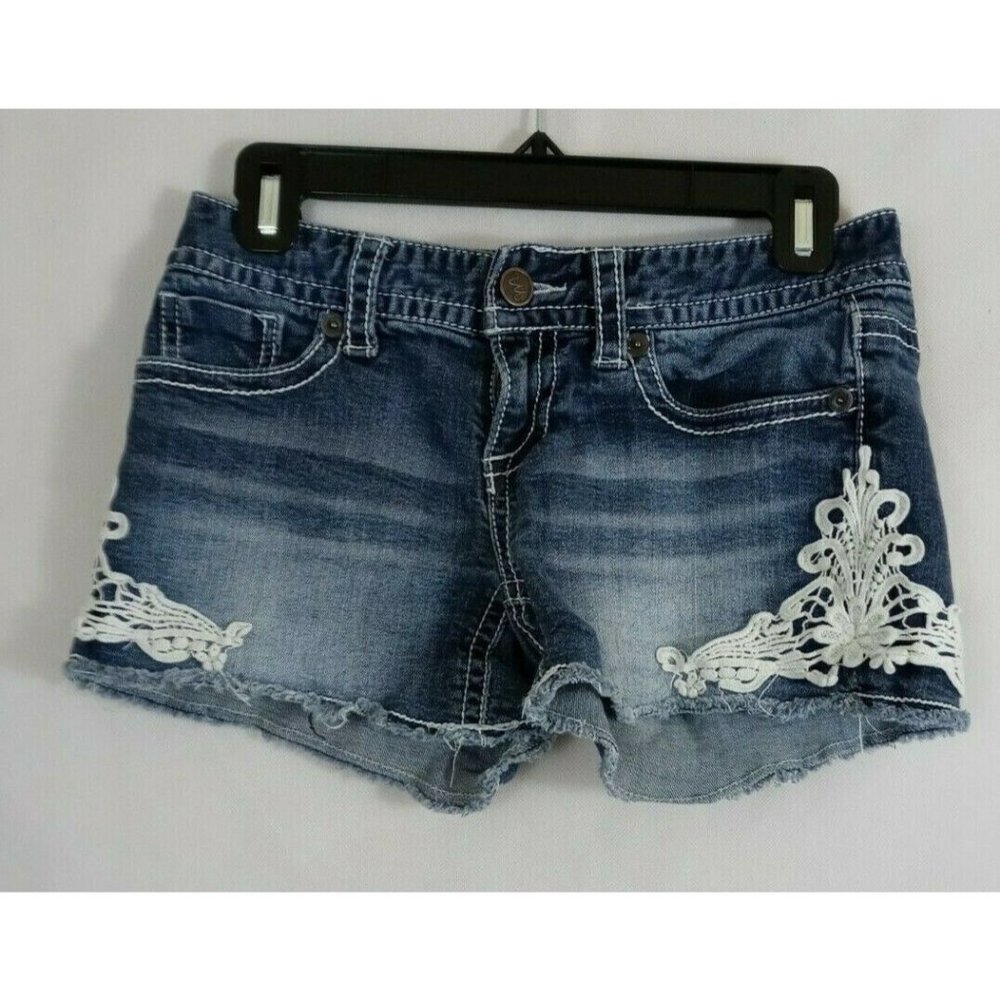Maurice's Denim Distressed Whiskered Booty Shorts With Crochet Lace Size 1/2 R